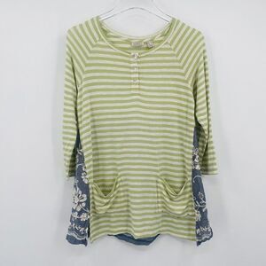LOGO Lori Goldstein Size XS Green Striped Slub Henley Top with Floral Embroidery